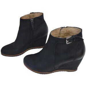 Biala Black Leather Wedge Ankle Boots Side Zip Ankle Buckle Bootie Women’s SZ 37